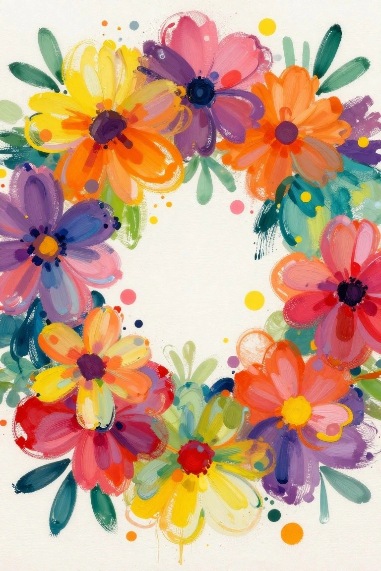 Vibrant abstract floral wreath with colorful yellow, orange, pink, purple blooms and green leaves.