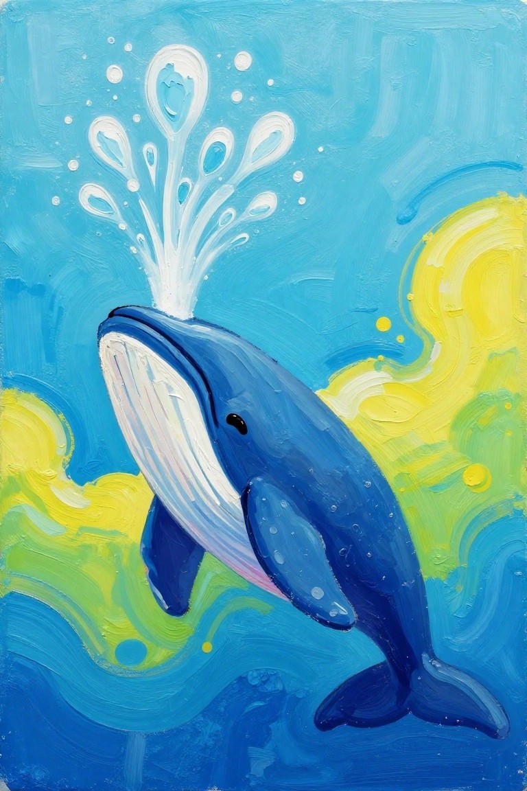 Blue whale spouting water in vibrant ocean with yellow swirls and bubbles