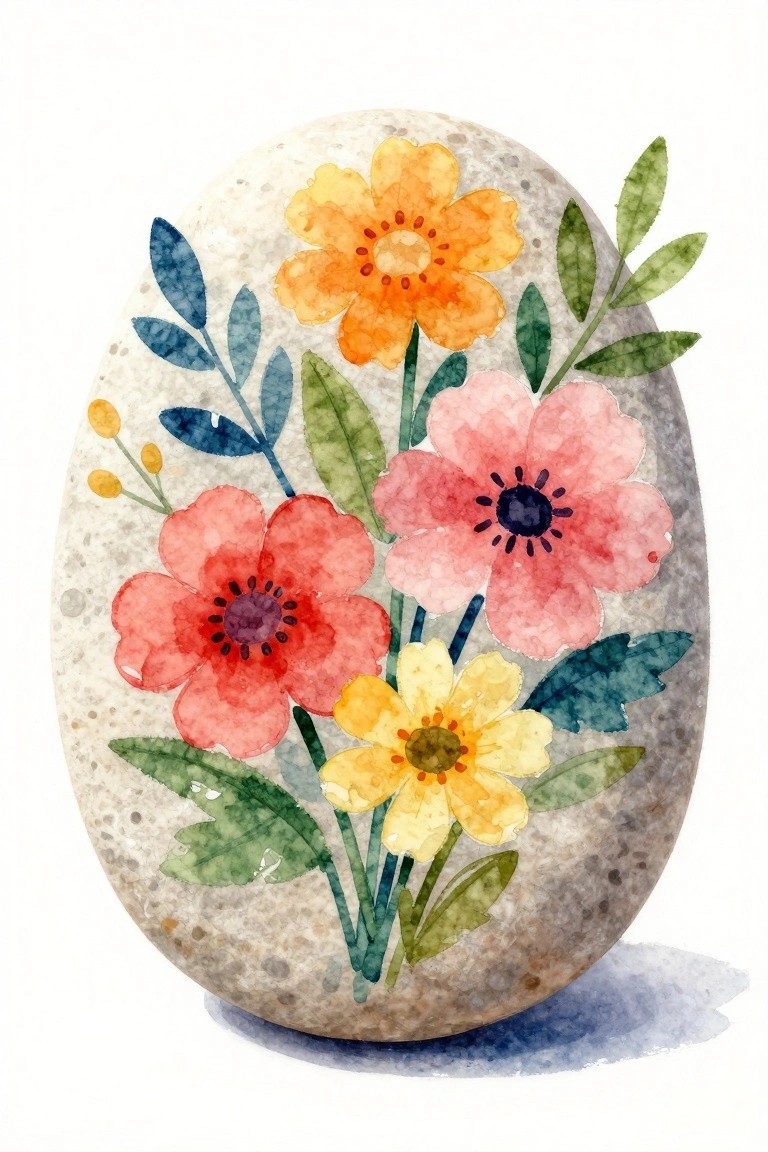A speckled oval rock painted with red, pink, yellow, and orange flowers plus green and blue leaves.