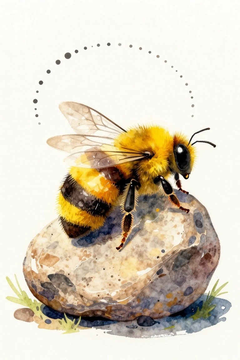 Watercolor bumblebee with yellow-black stripes perched on a speckled rock with dotted arc.