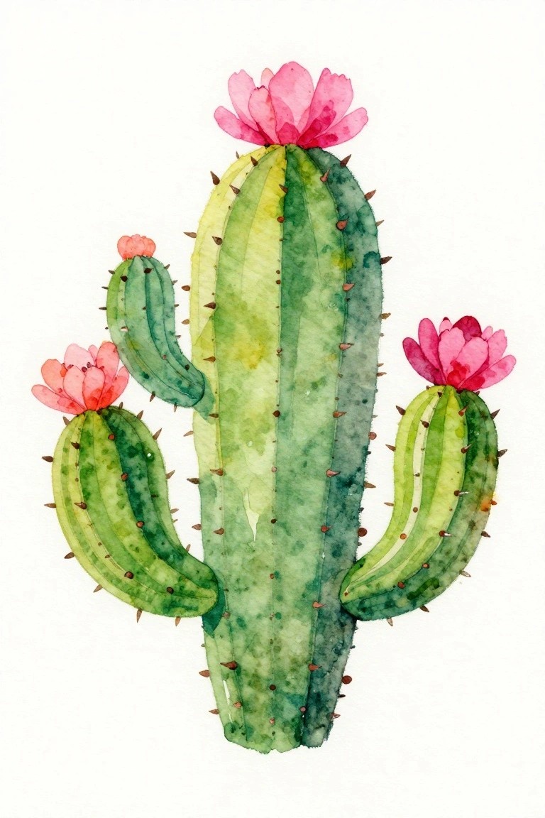 A watercolor painting of a green cactus with multiple arms and pink flowers on top.