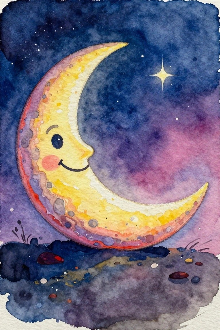 Watercolor smiling crescent moon with face in starry purple-pink night sky above rocks