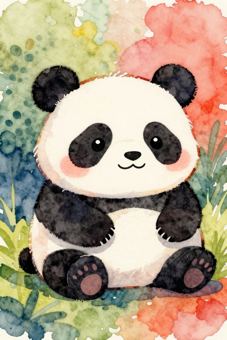 Cute cartoon panda sitting amid vibrant watercolor splashes and foliage.