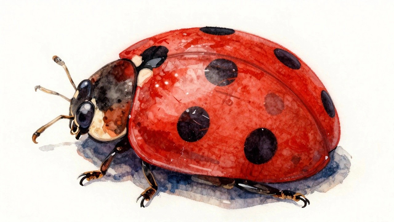 Watercolor painting of red ladybug with black spots, antennae, and legs.