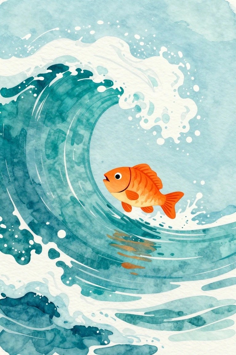 Orange fish swimming inside curling teal ocean wave with white foam, watercolor style.