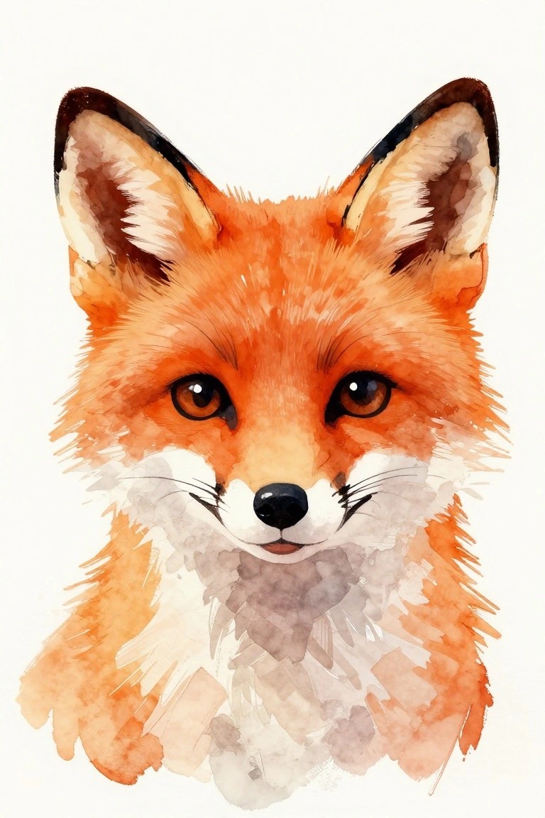 Watercolor portrait of a red fox with orange fur, white chest, and dark eyes.