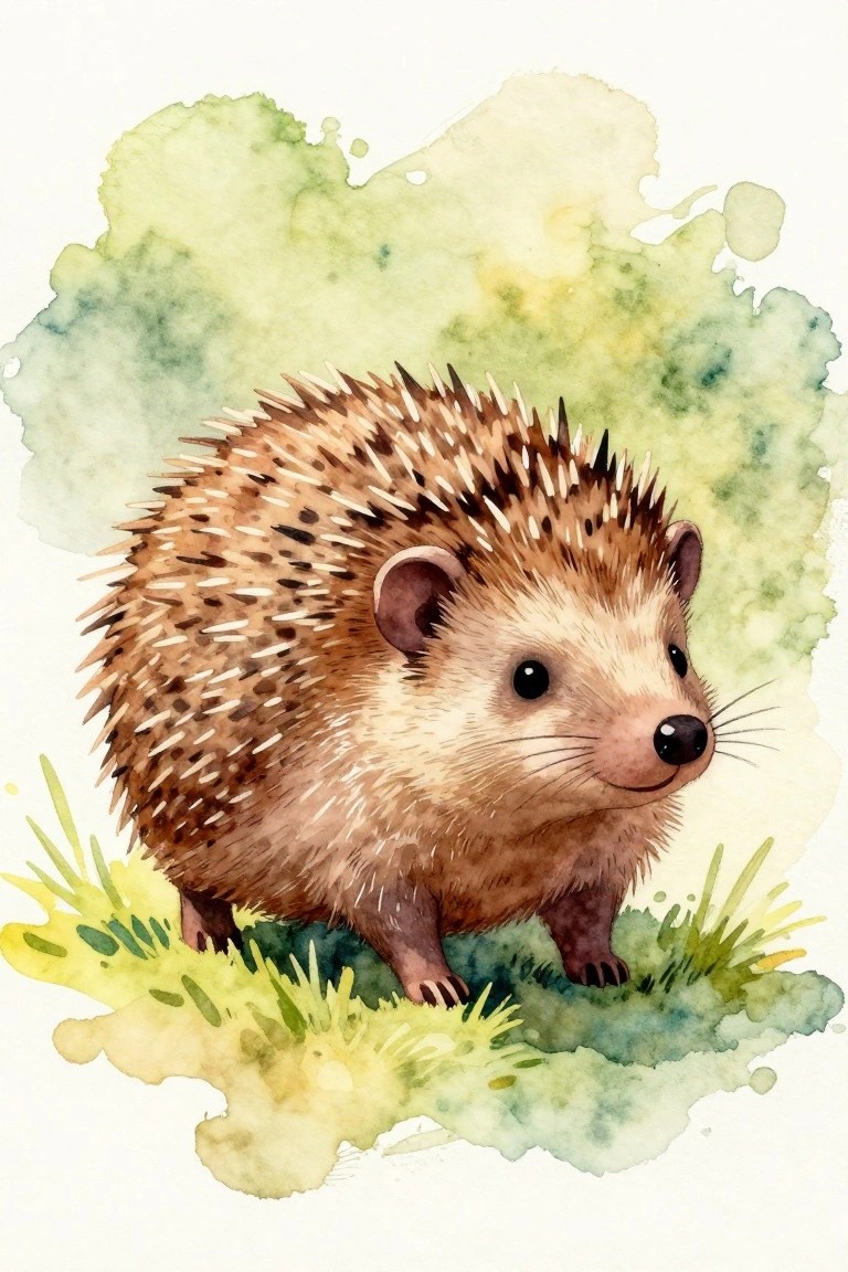 A brown hedgehog with textured spines stands on a patch of grass against a soft green and yellow watercolor background.