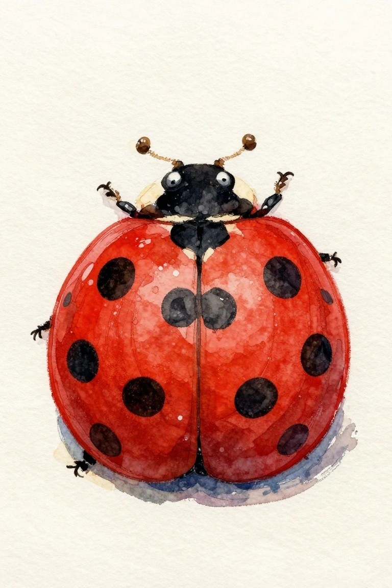 Watercolor painting of red ladybug with black spots, antennae, and legs.
