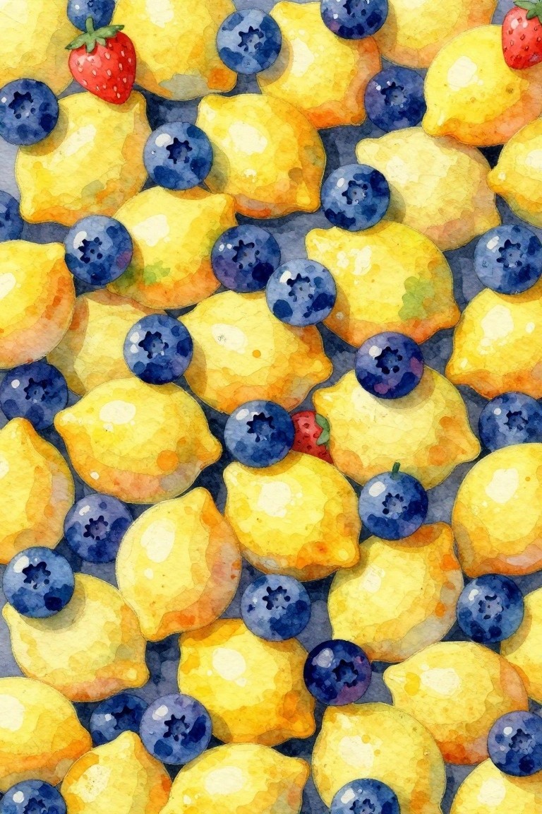 A watercolor-style pattern of yellow lemons, blue blueberries, and a few red strawberries scattered and overlapping on a dark blue background.