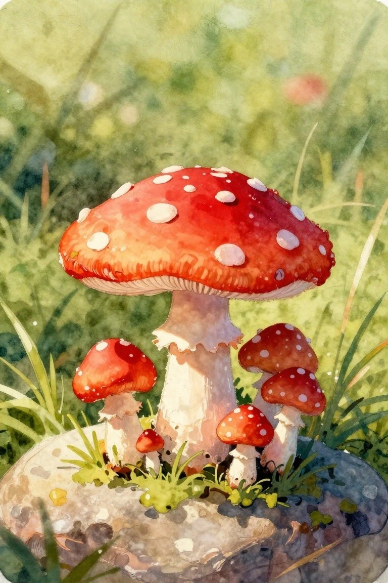 Watercolor of large red mushrooms with white spots growing on a mossy rock