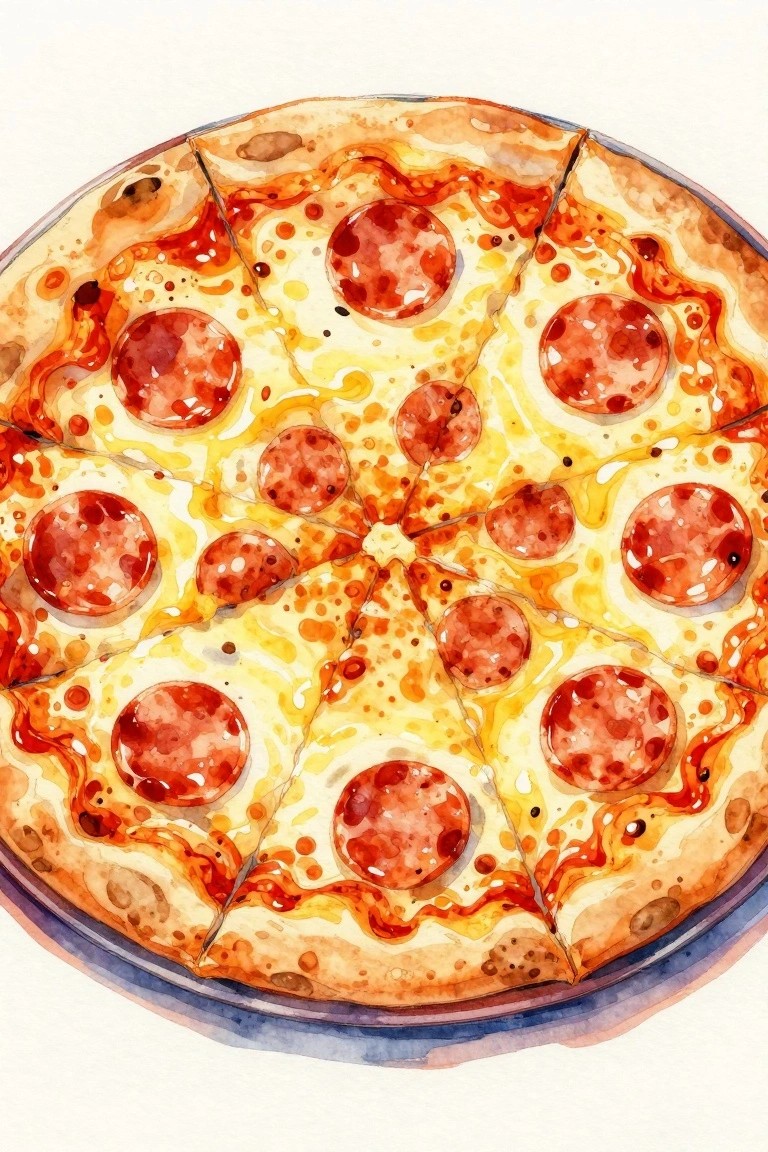 A watercolor painting of a whole pepperoni pizza cut into eight slices on a plate.