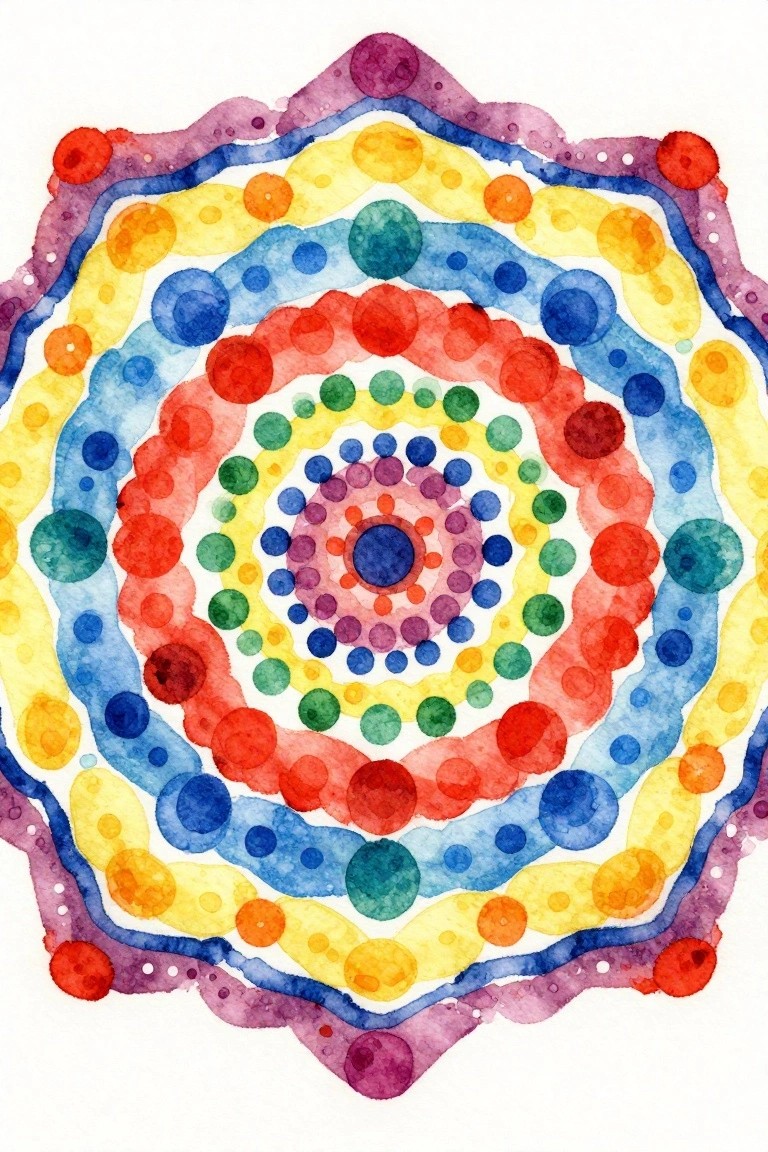 Vibrant watercolor mandala with rainbow concentric circles and dotted layers.