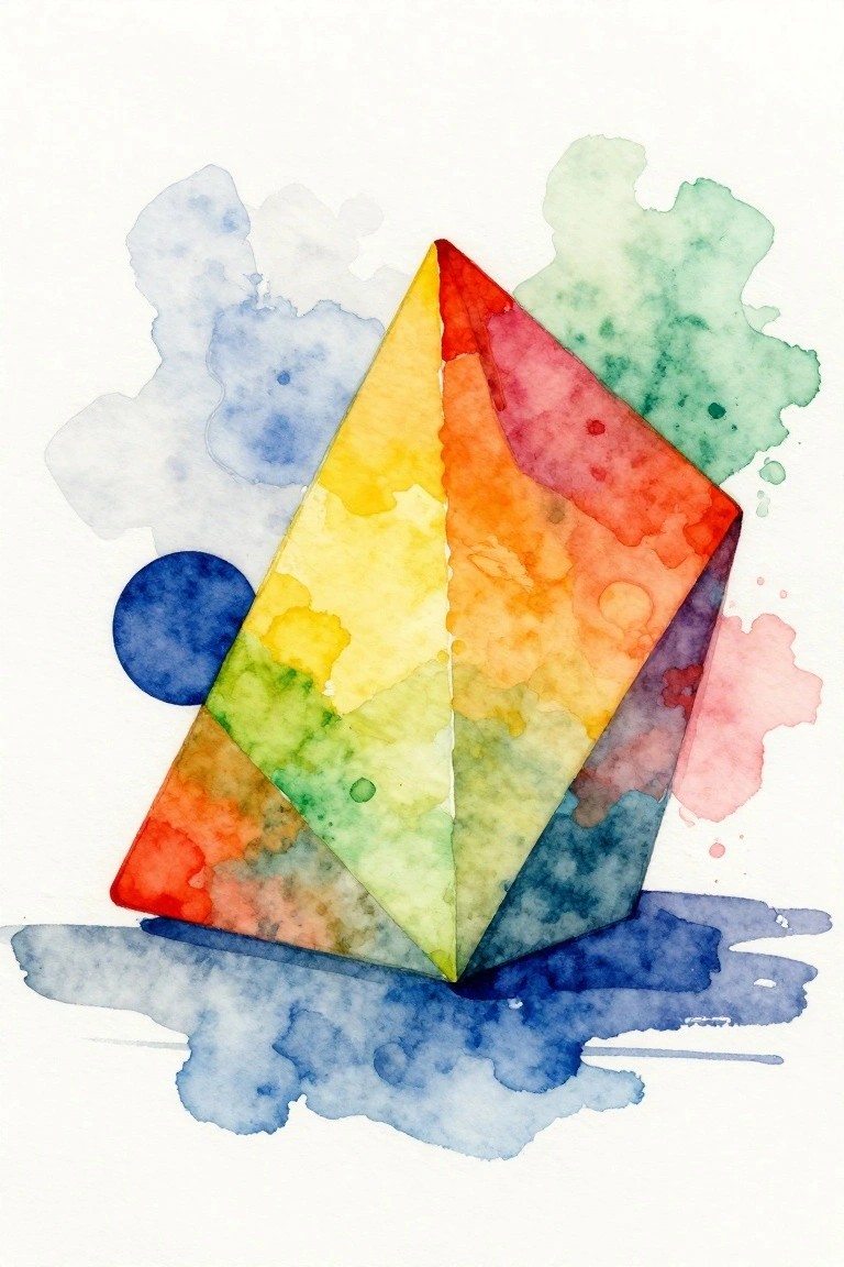 Rainbow watercolor geometric diamond amid blue, green, and pink abstract splashes