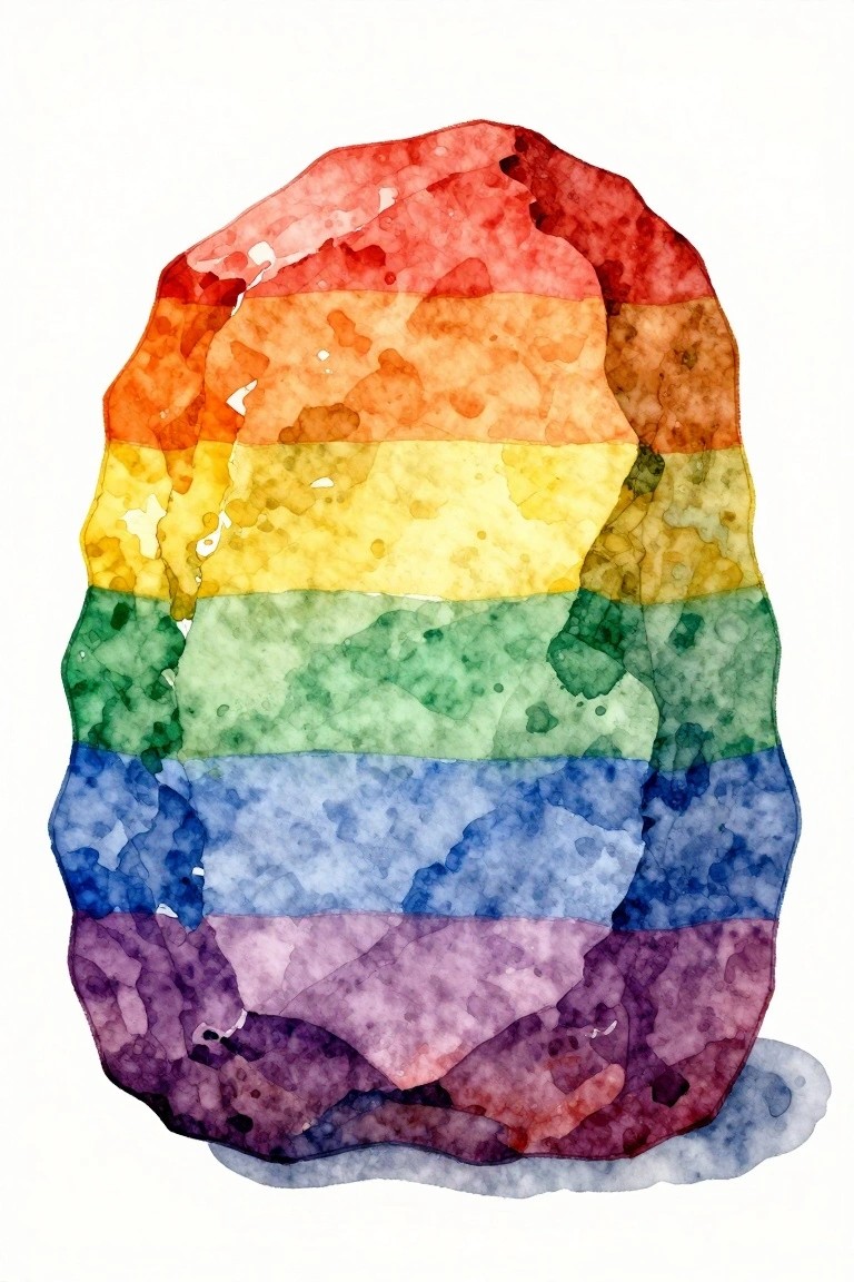 A rock painted with horizontal rainbow watercolor stripes from red to purple.