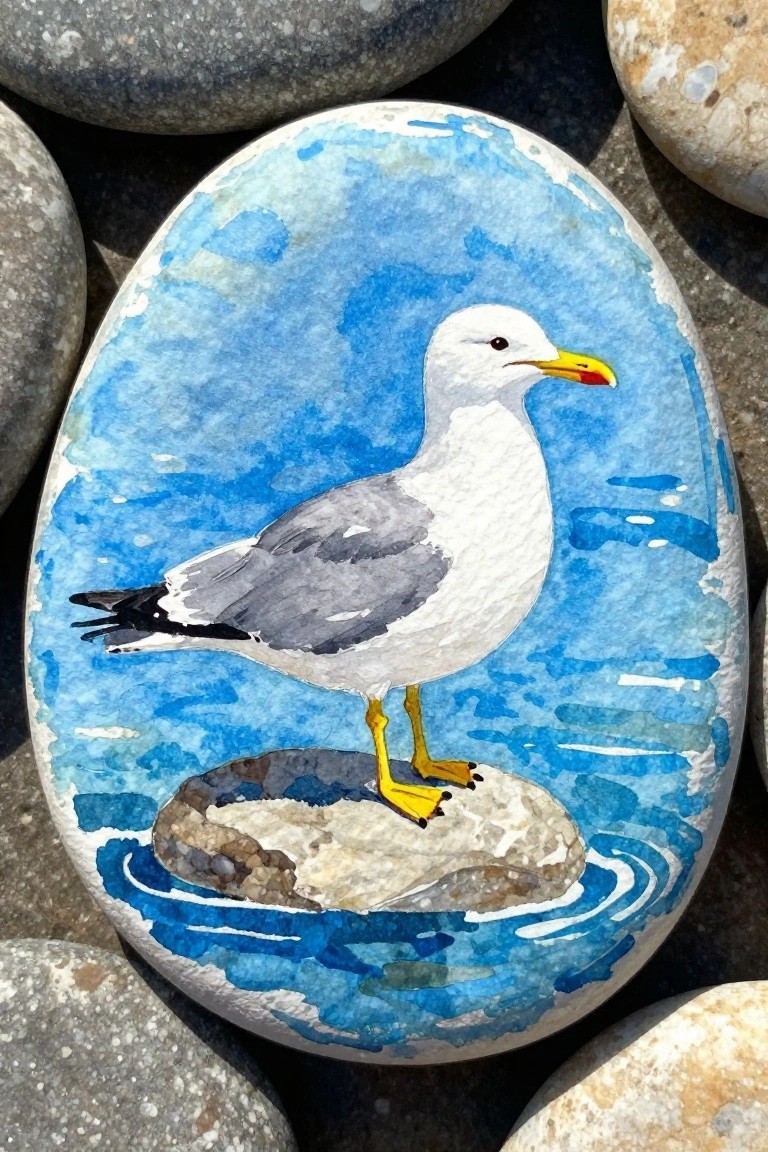 Watercolor seagull with yellow beak and legs on rock amid blue waves on painted stone