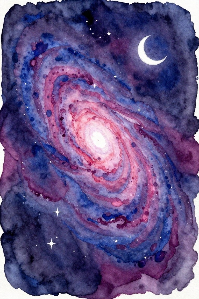 Watercolor spiral galaxy in blues and pinks with crescent moon and stars