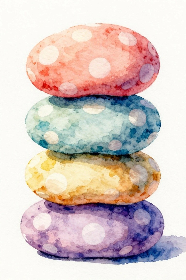 Stacked red, teal, yellow, and purple polka-dotted stones in watercolor style.
