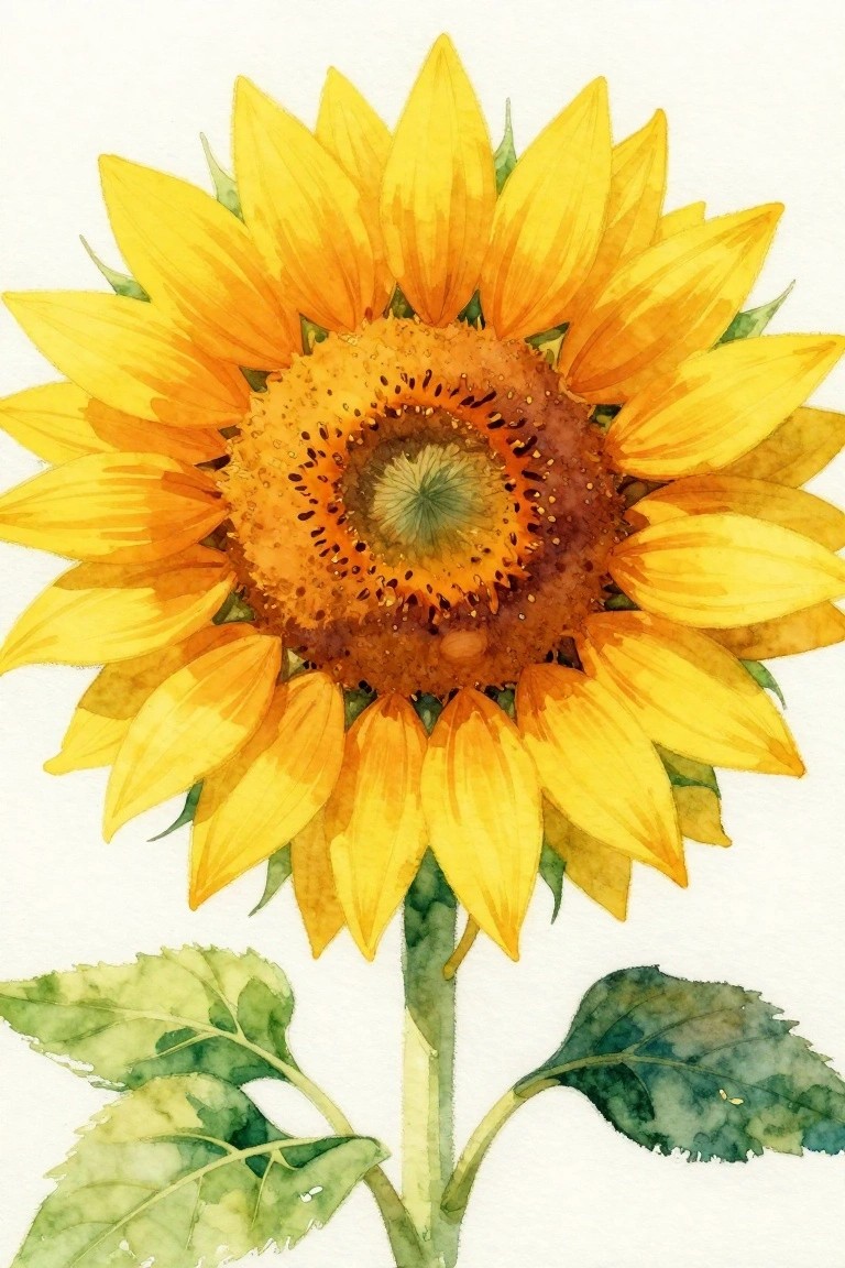 Vibrant yellow sunflower with brown center, green leaves and stem in watercolor.