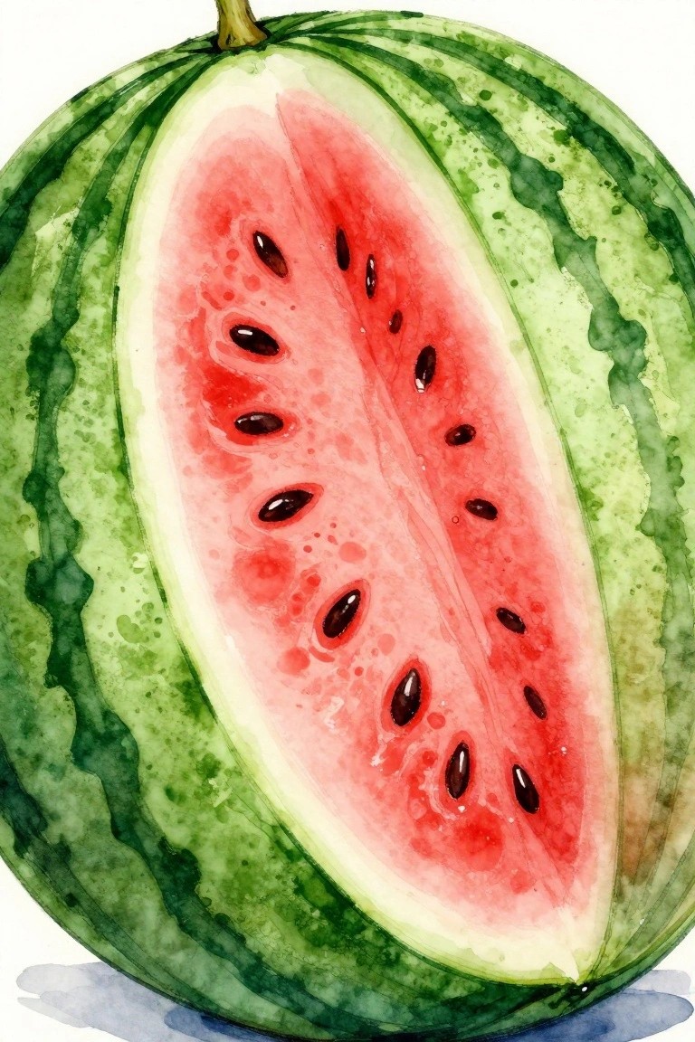 Watercolor painting of sliced watermelon with red flesh, black seeds, and green rind
