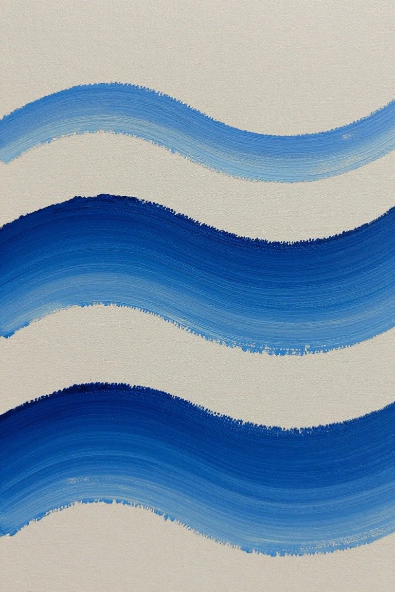 Abstract blue waves with visible brushstrokes on textured white canvas.