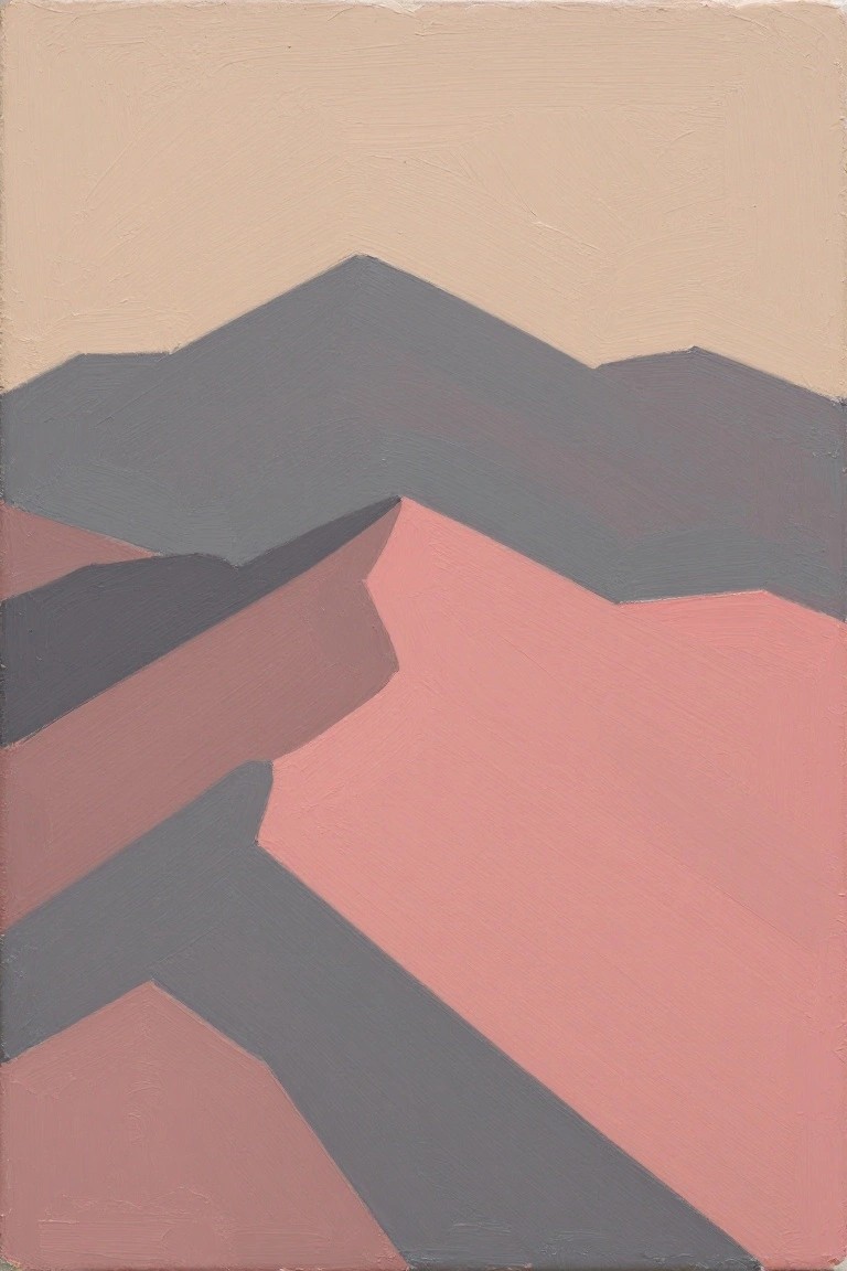 Abstract painting of layered pink and gray mountain-like geometric forms.