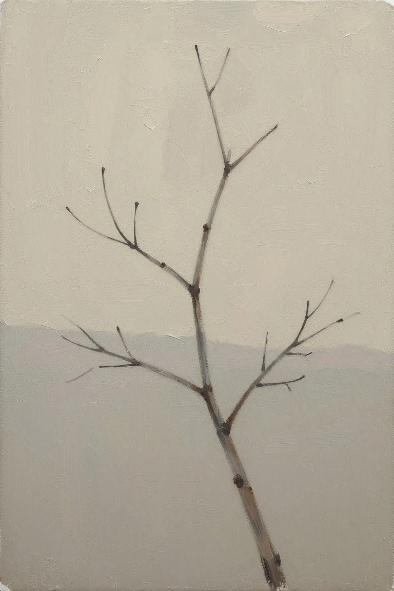 Minimalist painting of bare tree branches on muted beige background.