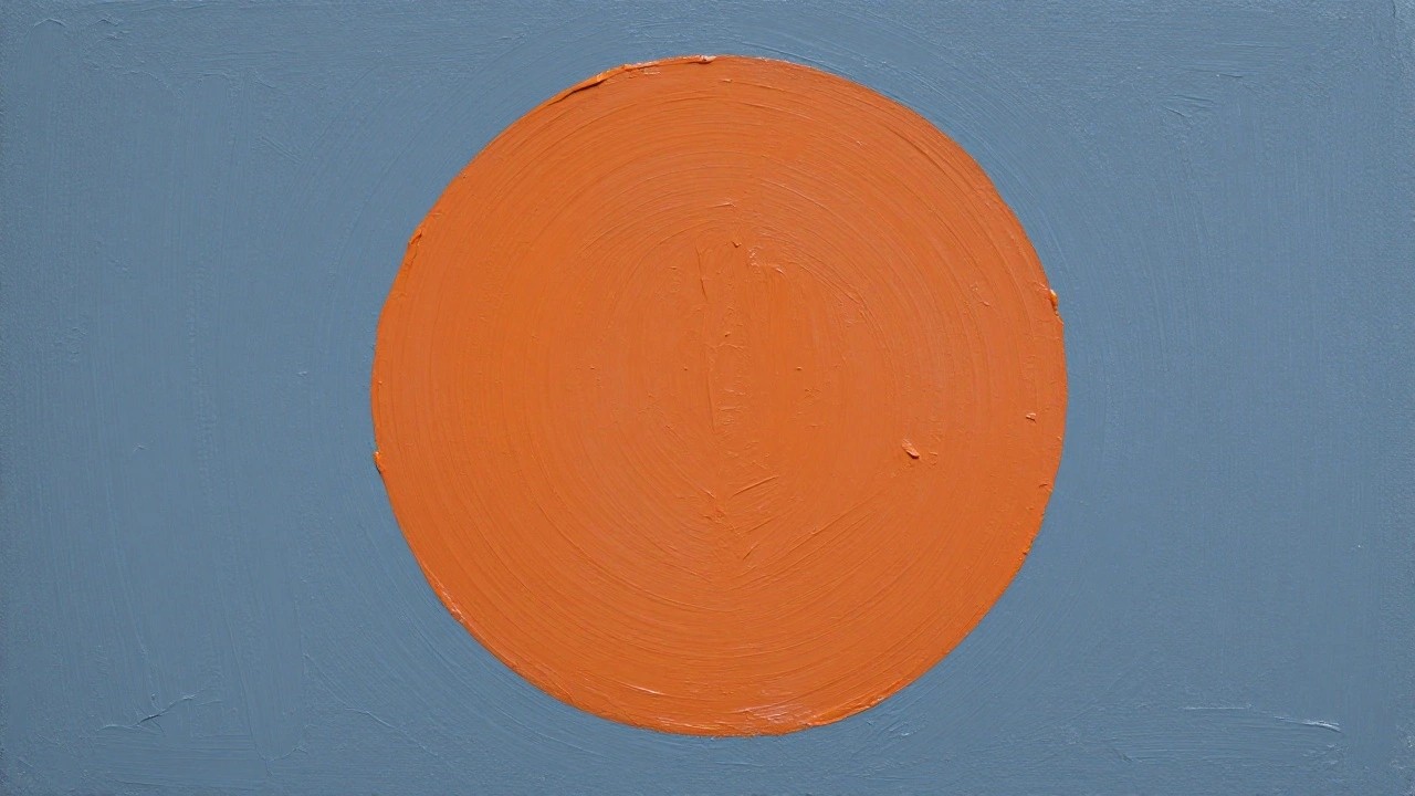 Large orange circle with visible brushstrokes on textured blue background