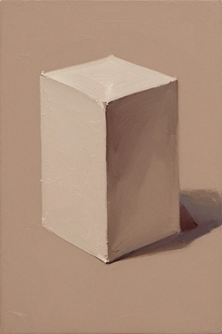 An acrylic painting of a white cube on a beige background with a soft cast shadow.