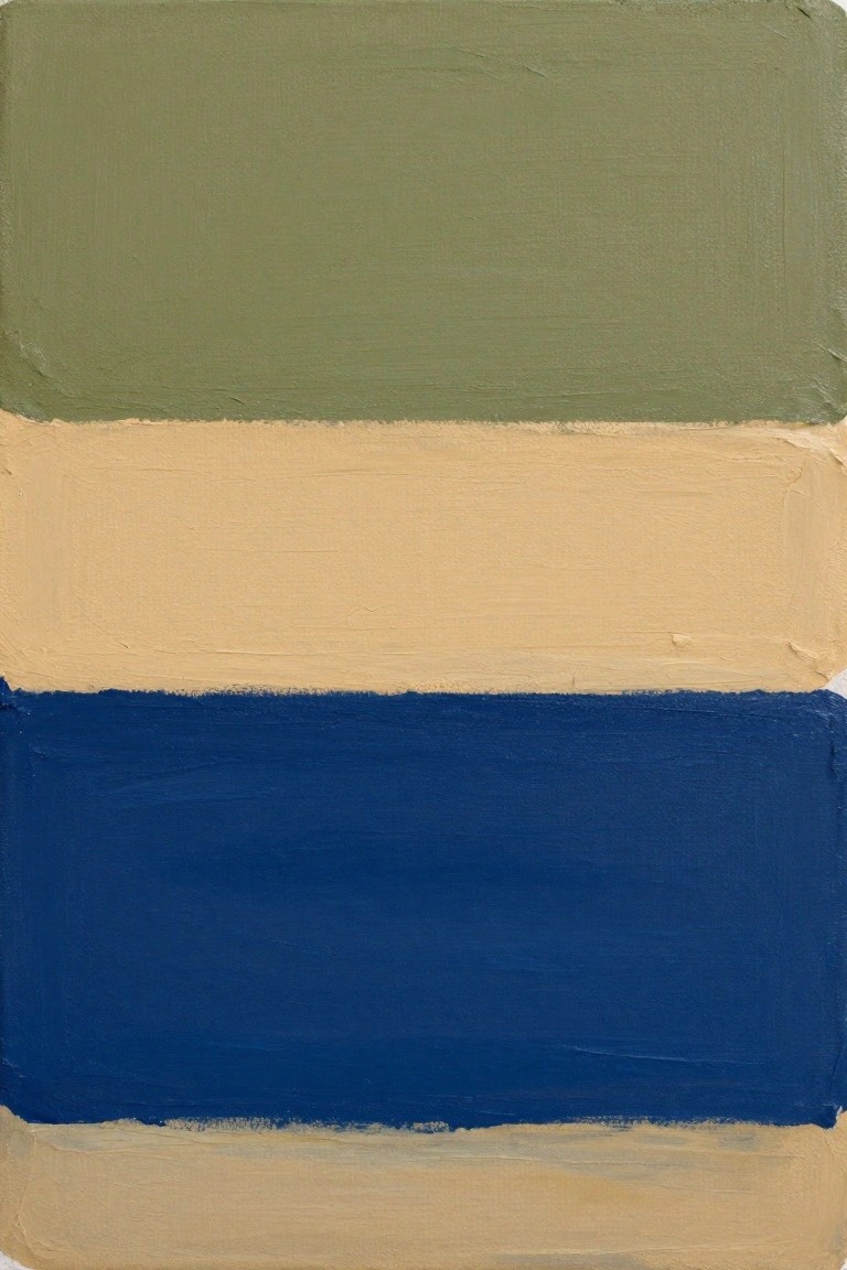 Minimalist acrylic painting with four horizontal bands in olive green, beige, deep blue, and a thin beige strip at the bottom.
