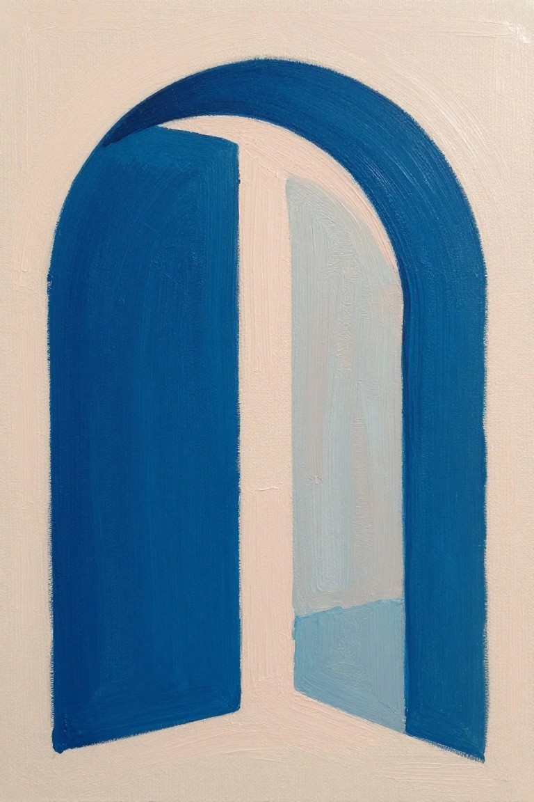 Abstract painting of blue arched doorway with open panels on beige background.