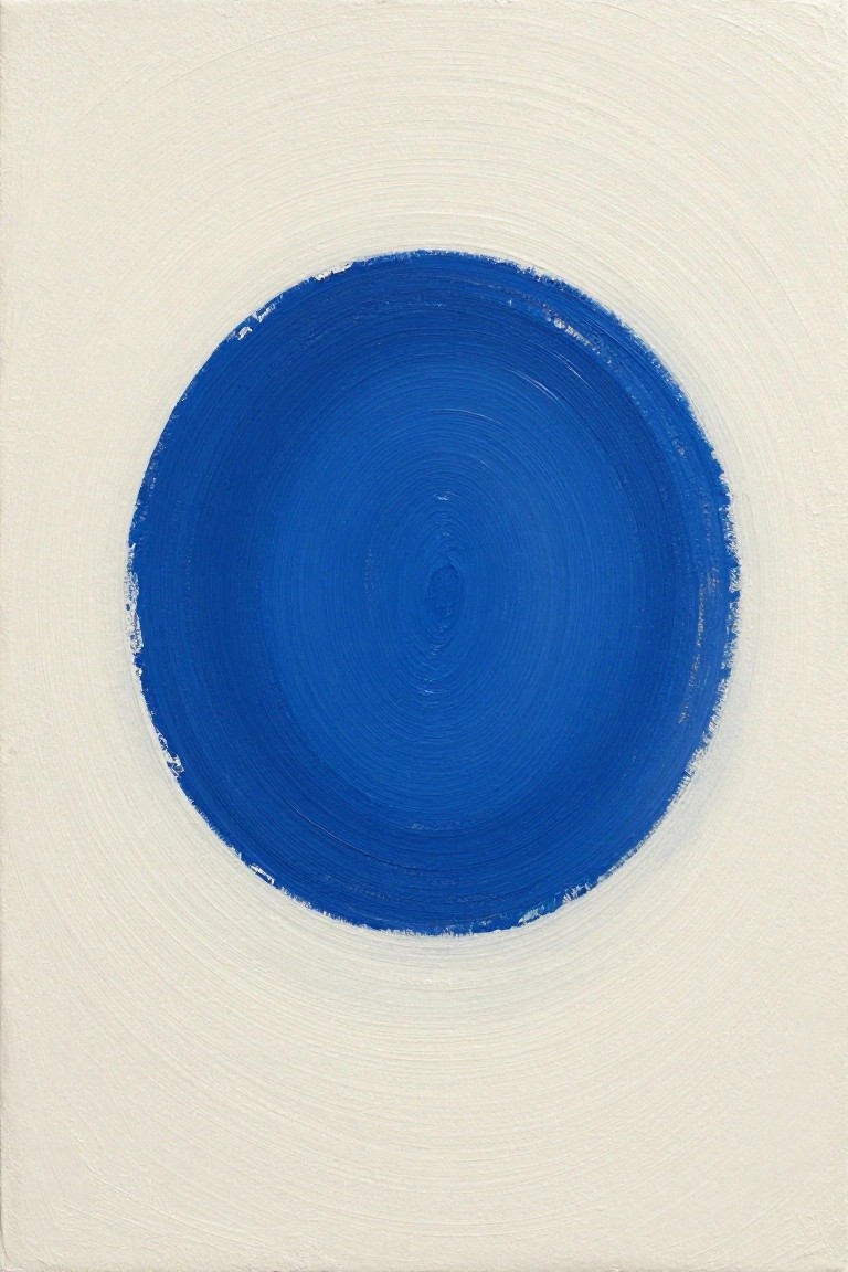 Blue circle with concentric brushstrokes on textured white background