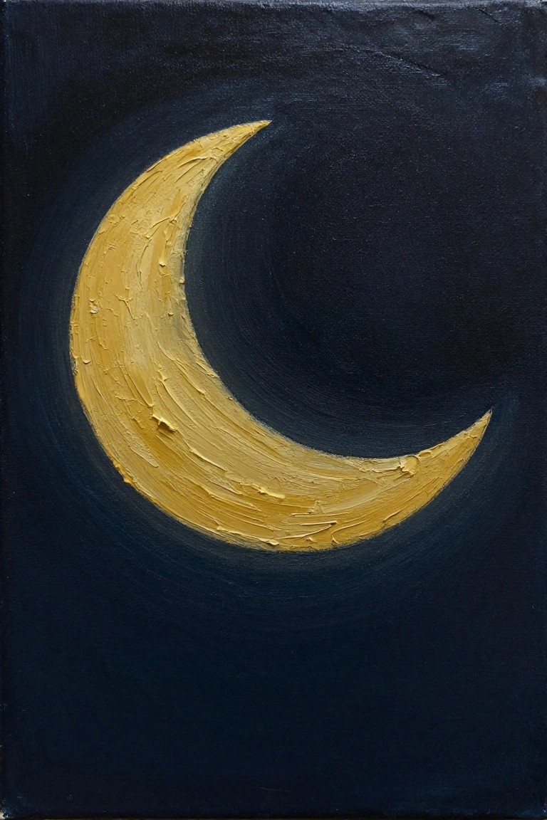Golden crescent moon with thick brushstrokes on dark blue painted background.