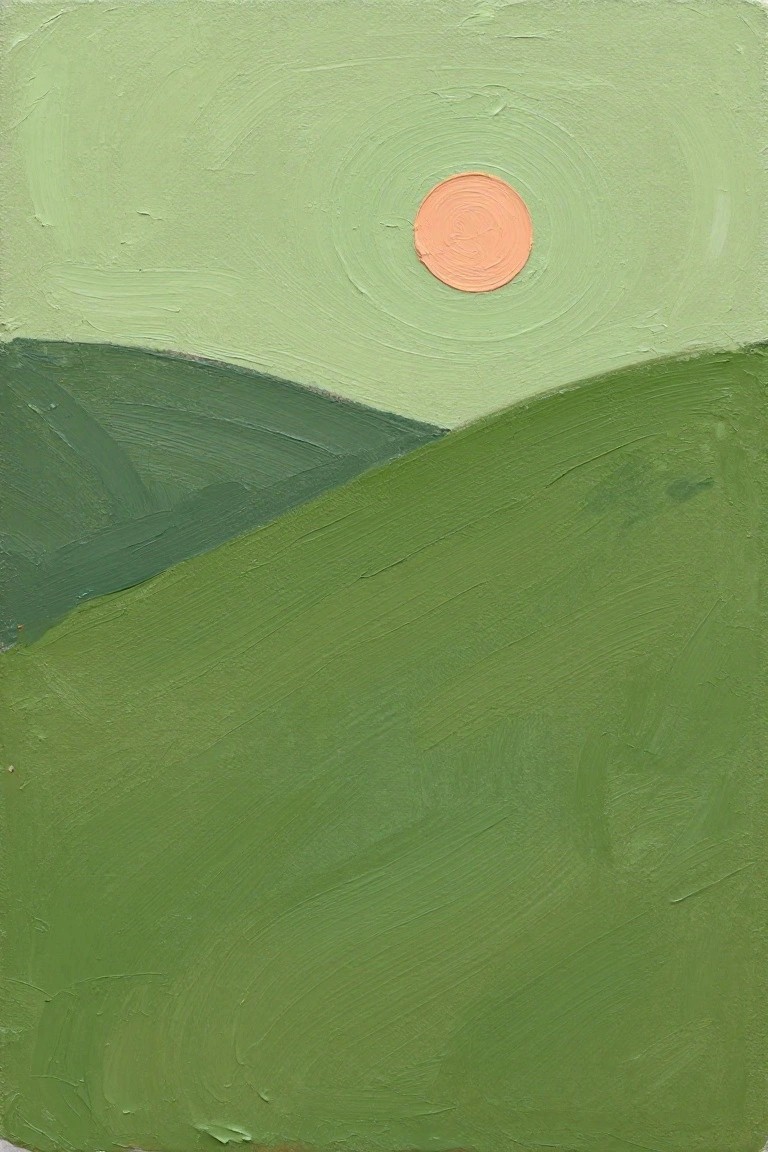 Orange sun in light green sky above rolling dark green hills
