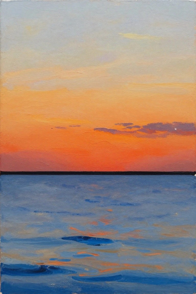 Oil painting of orange sunset sky over calm blue sea with reflections
