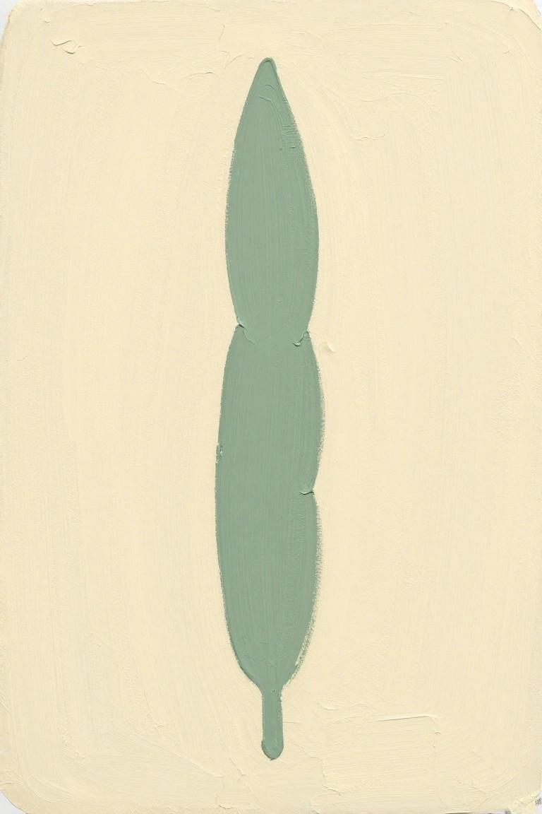 Sage green elongated leaf form with brushstrokes on textured cream background