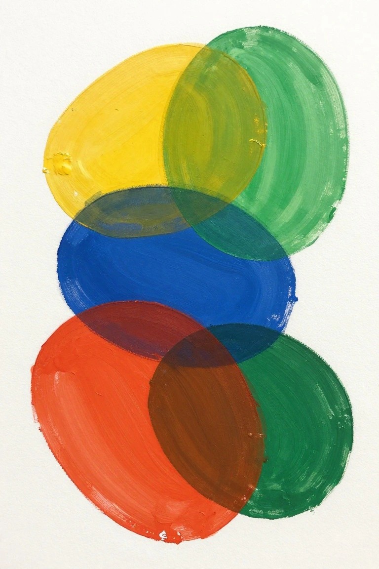 Abstract painting of overlapping circles in yellow, green, blue, red, orange, and brown.
