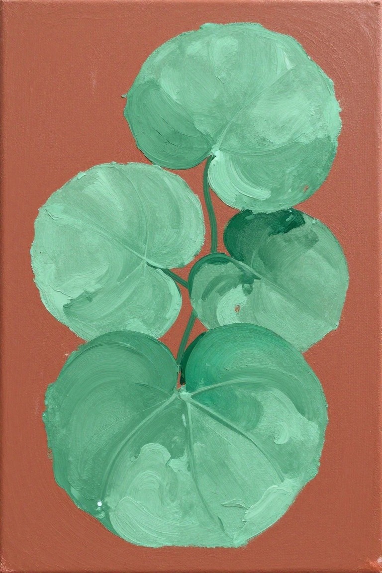 Textured green leaves with visible brushstrokes on a solid reddish-orange background.