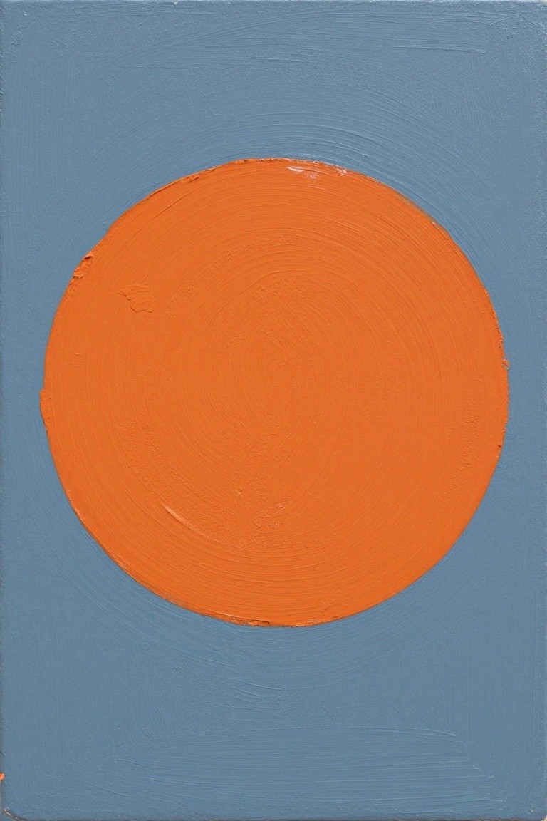 Large orange circle with visible brushstrokes on textured blue background