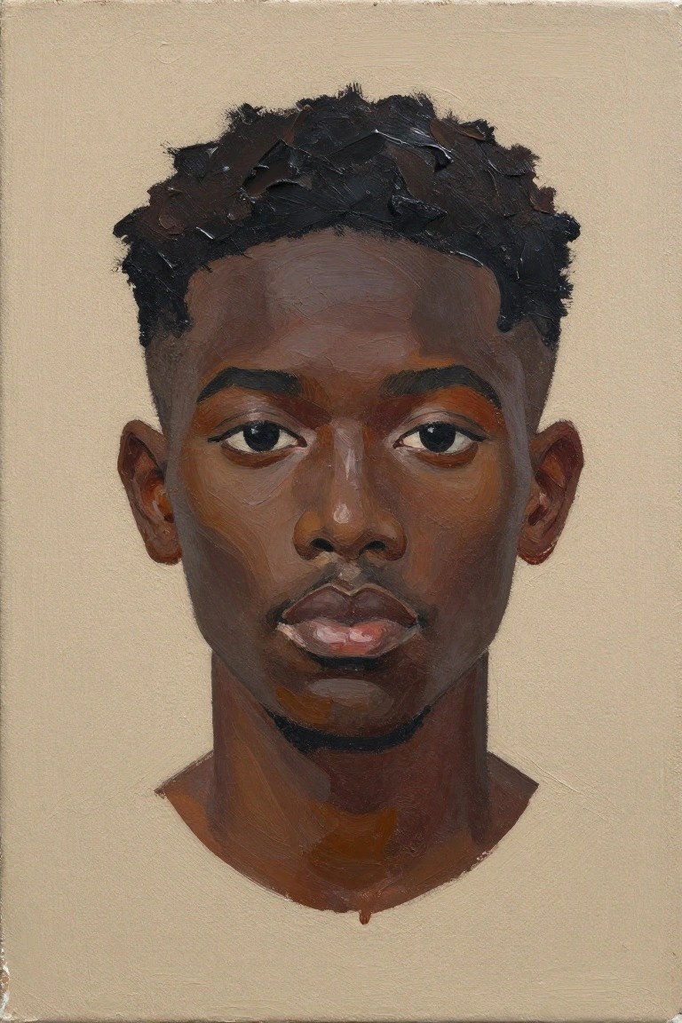 Oil painting portrait of young Black man with short curly hair on beige background