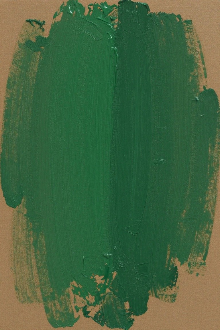 Thick textured green paint strokes covering a light brown canvas surface