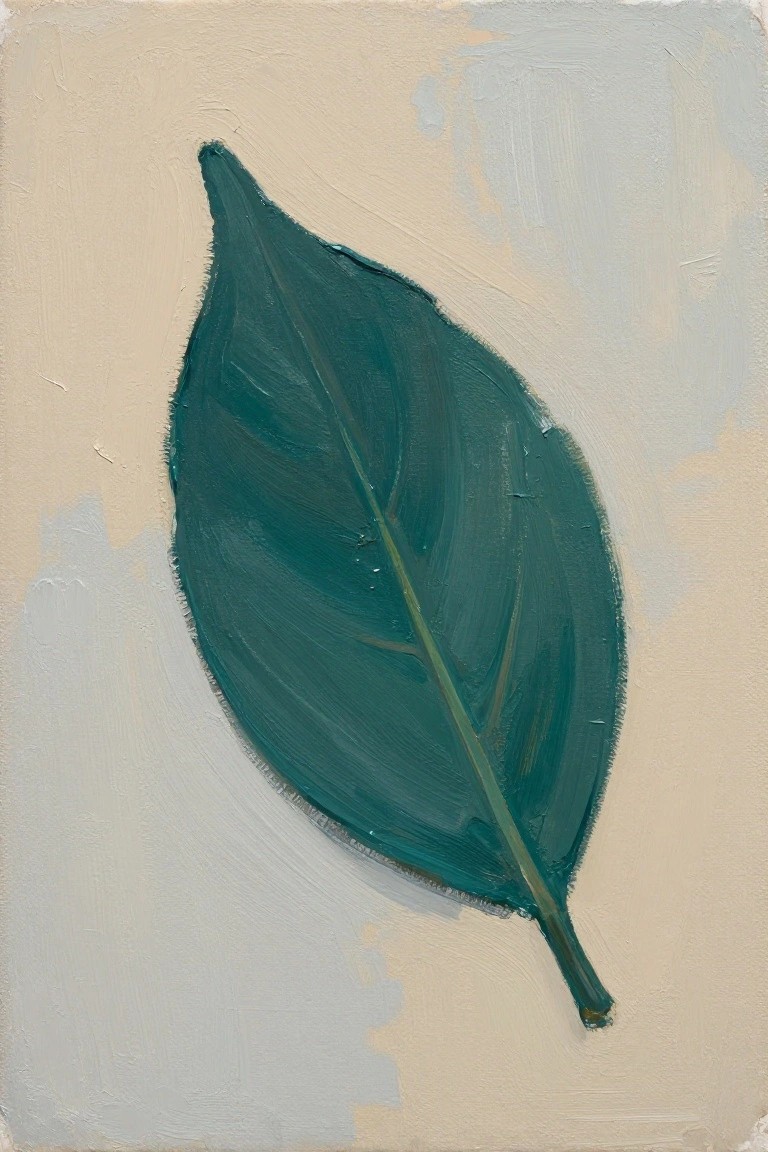 Dark teal leaf with visible brushstrokes on pale textured background.