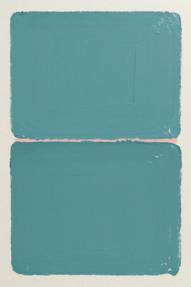 Two teal brushstroke rectangles separated by a thin pink line on white.