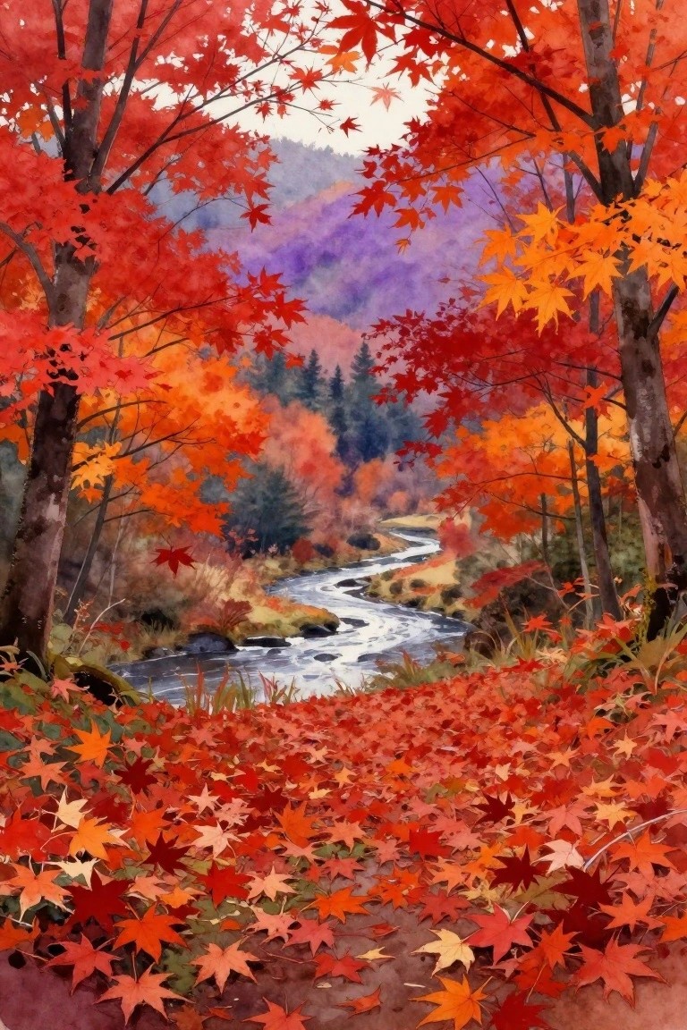 Vibrant red-orange maple leaves cover trees and ground by winding stream