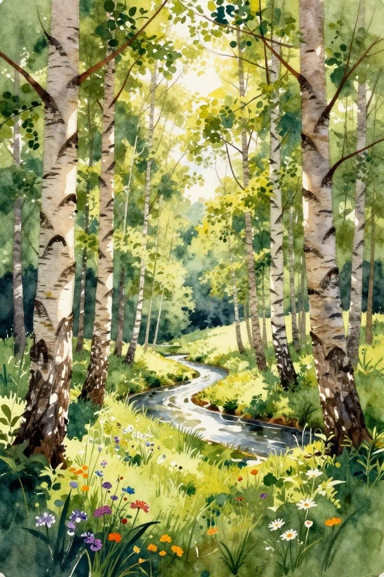 Watercolor birch forest with winding stream, sunlight, and colorful wildflowers in meadow
