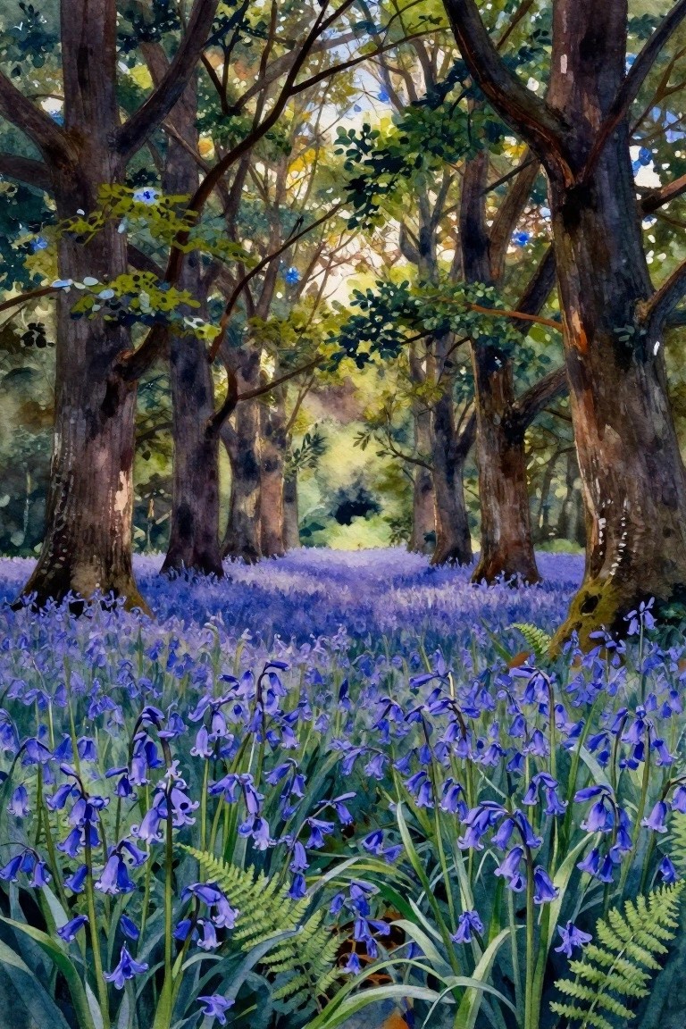 Watercolor painting of tall trees with a forest floor covered in bluebells and some ferns.