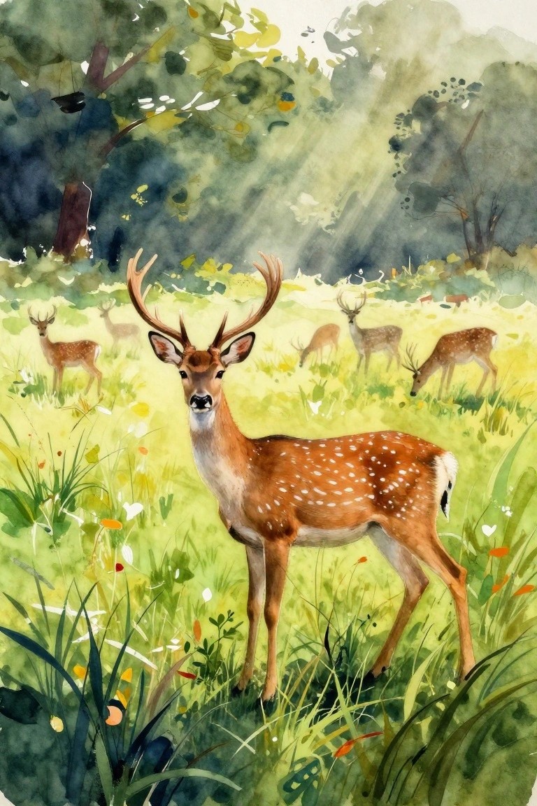 A watercolor painting of a brown deer with antlers standing in a sunny grassy meadow with other deer in the background and trees around.