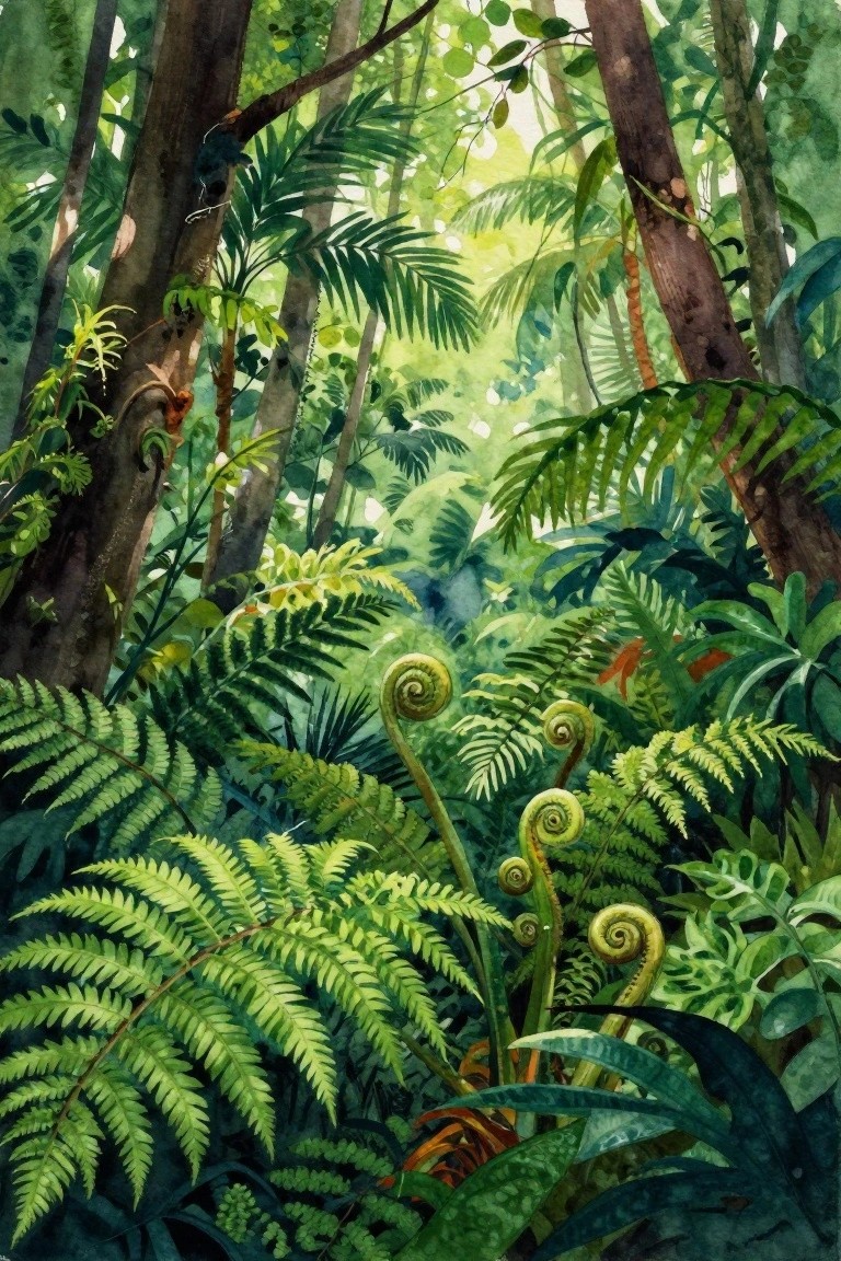 A watercolor painting of a dense green forest filled with tall tree trunks and many ferns including curled fiddleheads in the foreground.