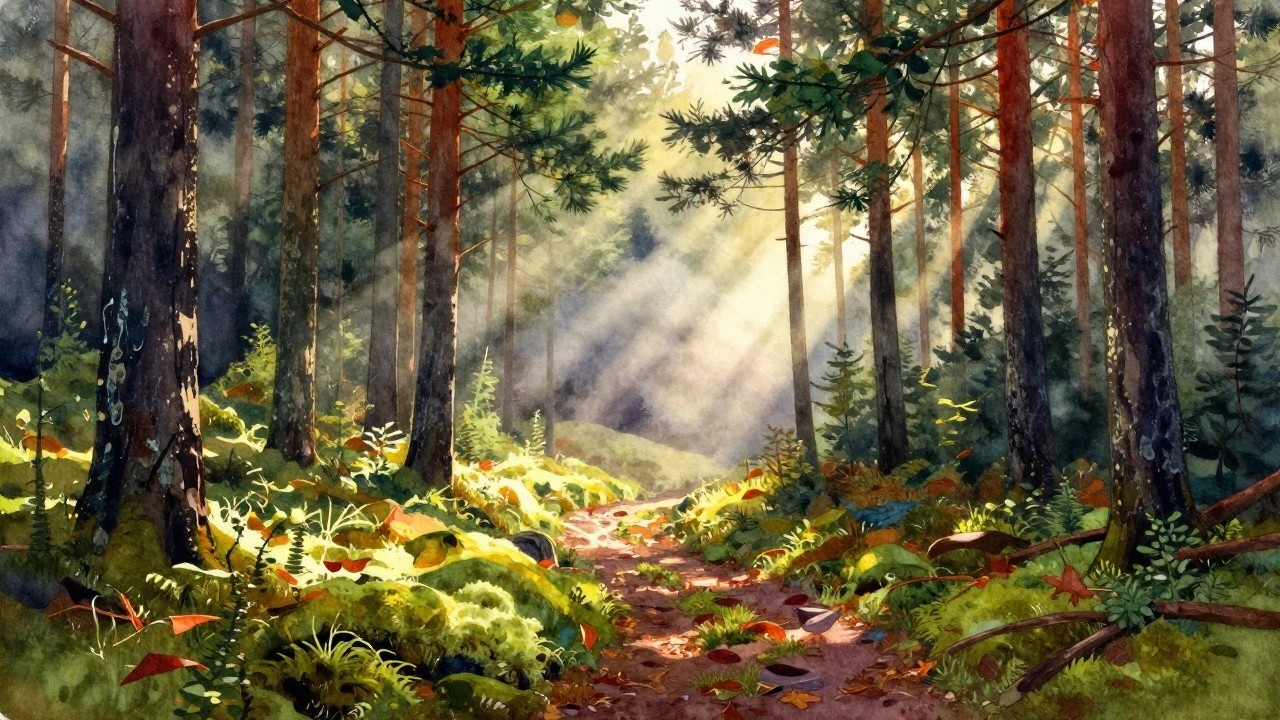 Sunlit dirt path winding through tall pines with lush green undergrowth, watercolor style