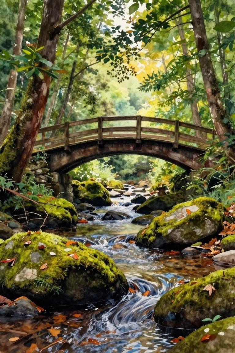 A watercolor painting of a wooden bridge over a stream in a green forest with mossy rocks and fallen leaves.