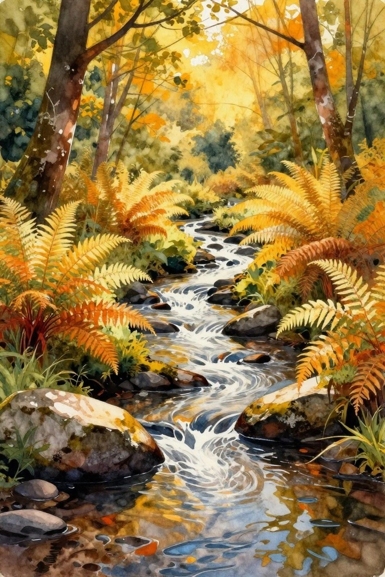 A watercolor painting of a forest stream flowing over rocks, surrounded by yellow and orange ferns and trees.